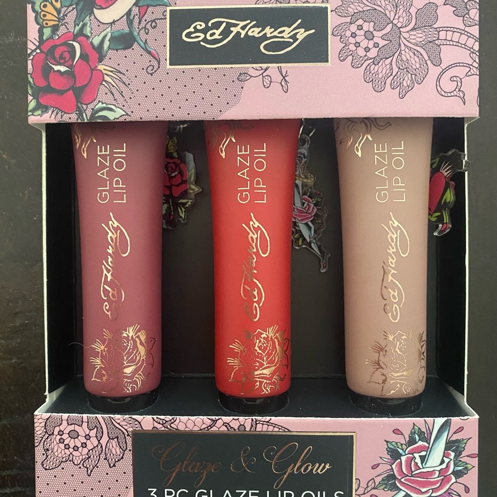 Ed Hardy Glaze Lip Oil Trio — Pink, Red, Nude